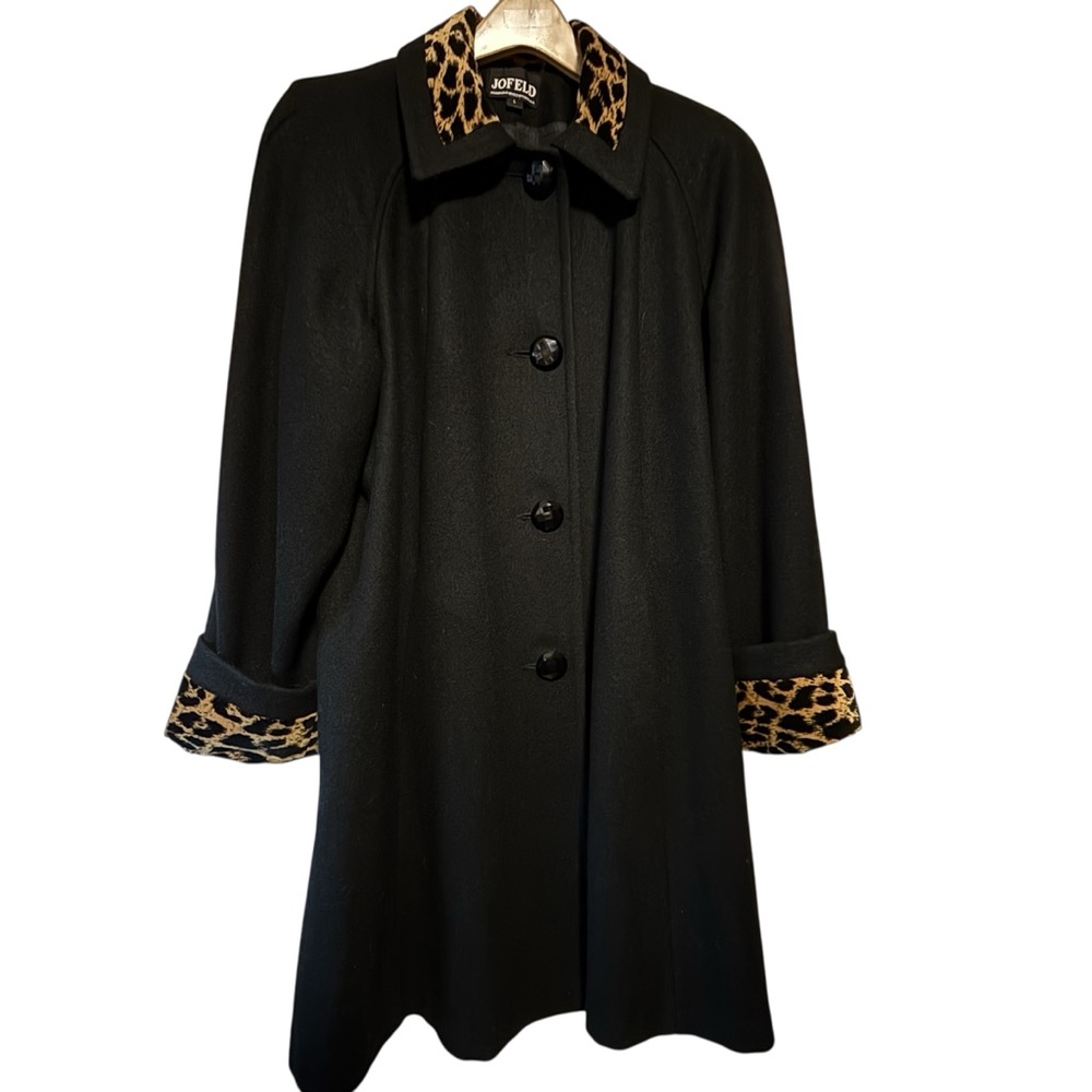 VTG JOFELD Black Wool Coat Leopard Faux Fur Collar Cuffs Size Large Mob Wife